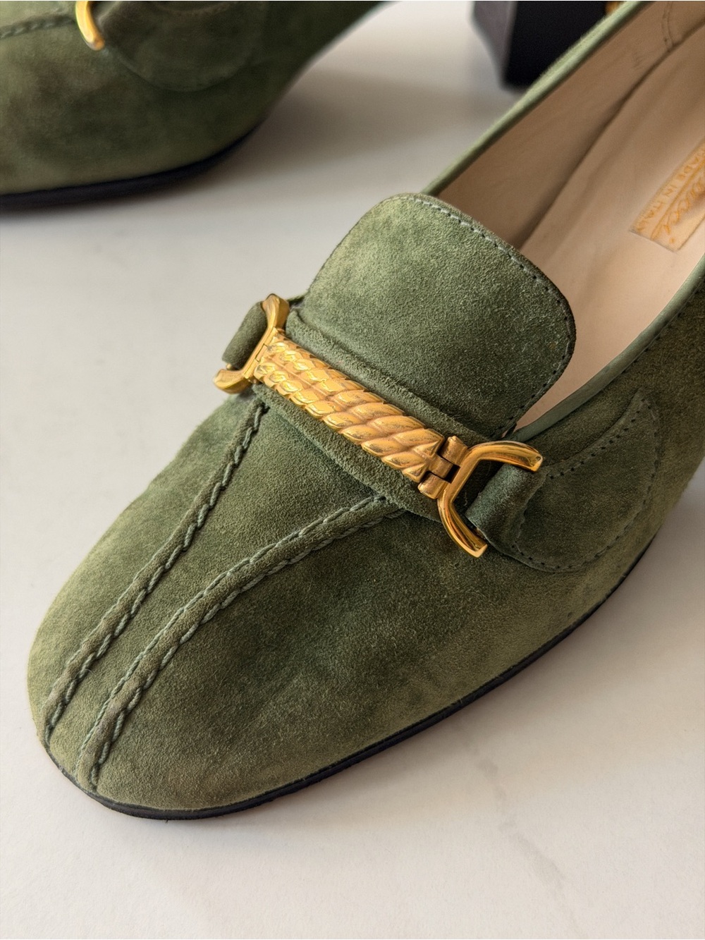 Vintage Gucci Green Suede Horsebit Block Heel Loafers - Picture 3 of 12